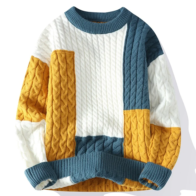 Осенний мужской свитер с закручивающейся тесьмой, модные пуловеры, Зимние свитера толстой вязки, уличная одежда, однотонный Теплый джемпер с круглым вырезом, пуловер