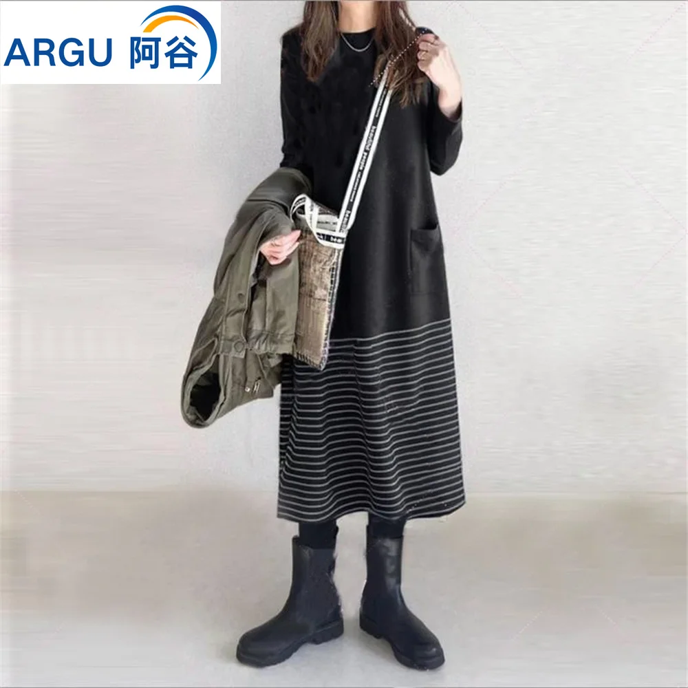 Осень-зима, новое Свободное Модное Повседневное платье в полоску для женщин, черная юбка в корейском стиле в западном стиле длиной до колен
