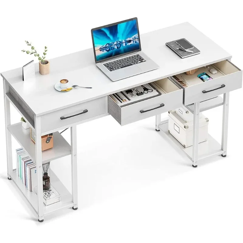 Офисный маленький компьютерный стол: Домашний стол с тканевыми ящиками и полками для хранения, современный письменный стол, белый, 48 