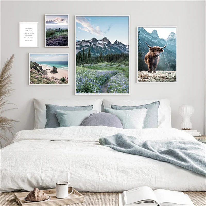 Оформленный рестораном холст с принтом в скандинавском стиле, картина с пейзажем Долина, озеро, Океан, Голубое небо, Белое облако, Плакат с деревом