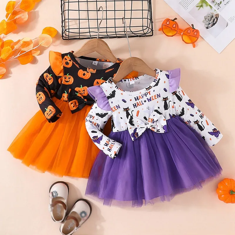 Очаровательное платье принцессы-тыквы для маленьких девочек, идеально подходящее для празднования Хэллоуина, возраст 1-4 года