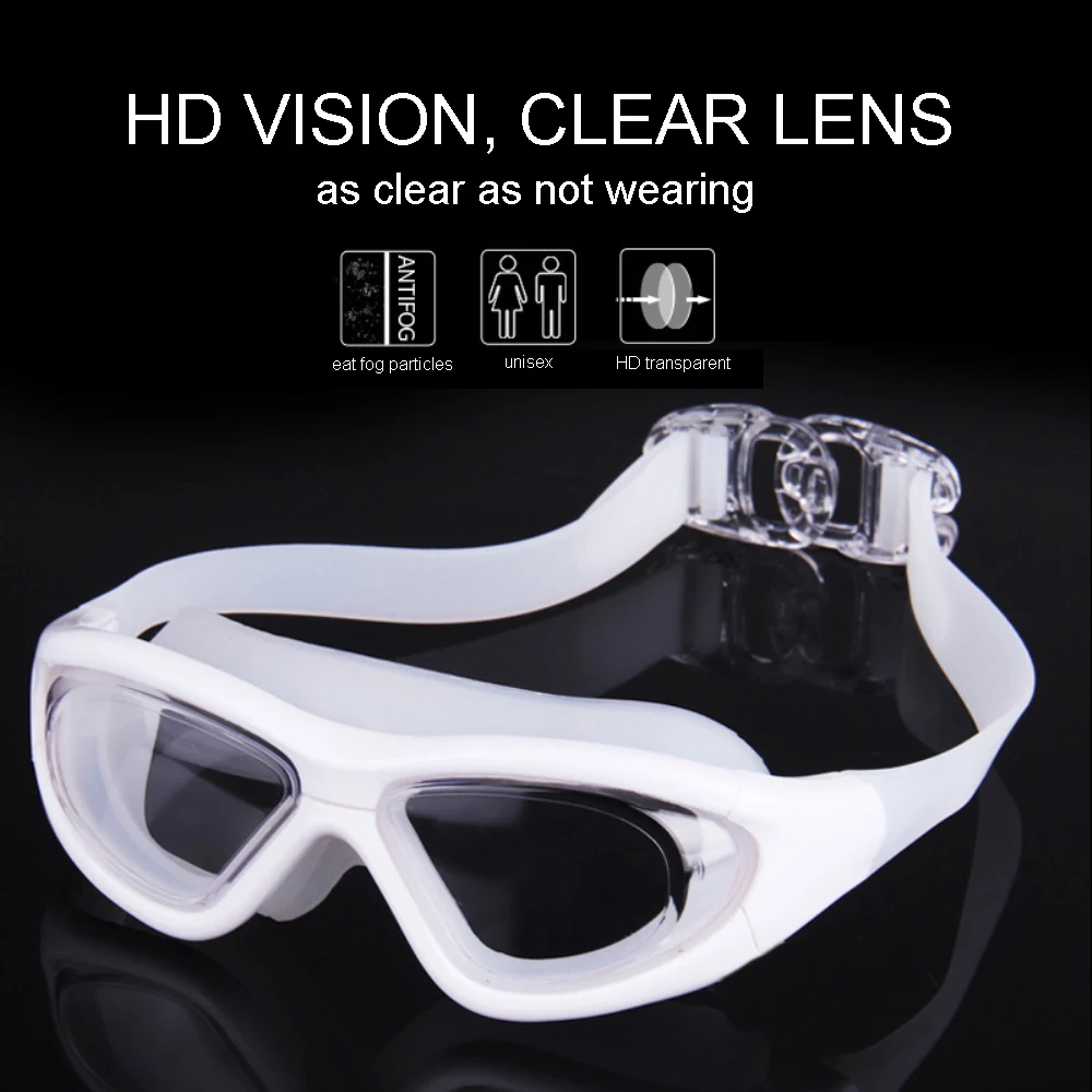 Очки для плавания в большой оправе с затычкой для ушей Прозрачные стекла Противотуманные силиконовые Водонепроницаемые мужские Женские очки для плавания для взрослых