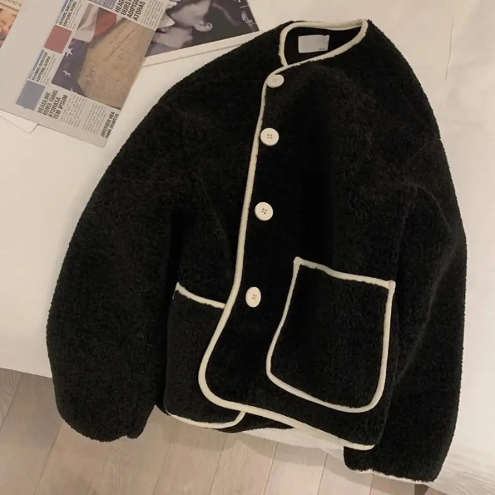 Пальто из искусственной овечьей шерсти в корейском стиле, куртки-бомберы с накладными карманами в тон для женщин, Весна-осень 2023, женские пальто с длинным рукавом