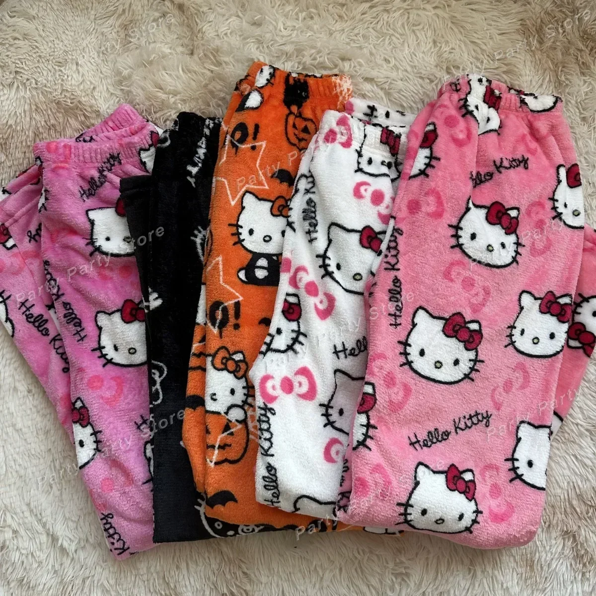 Пижамные штаны Hello Kitty на Хэллоуин, Мягкие брюки из флиса Аниме Sanrio, двойные эластичные ткани, женские брюки, домашние брюки Kawaii