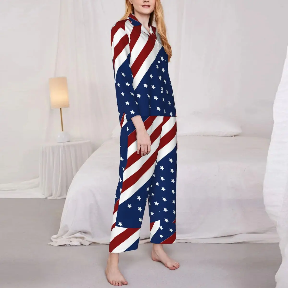 Пижамы С Американским Флагом, Женские Пижамы С Патриотическим Флагом, Звездный Дизайн, Модная Домашняя Пижама, Осенние Пижамные Комплекты Оверсайз Из Двух Частей