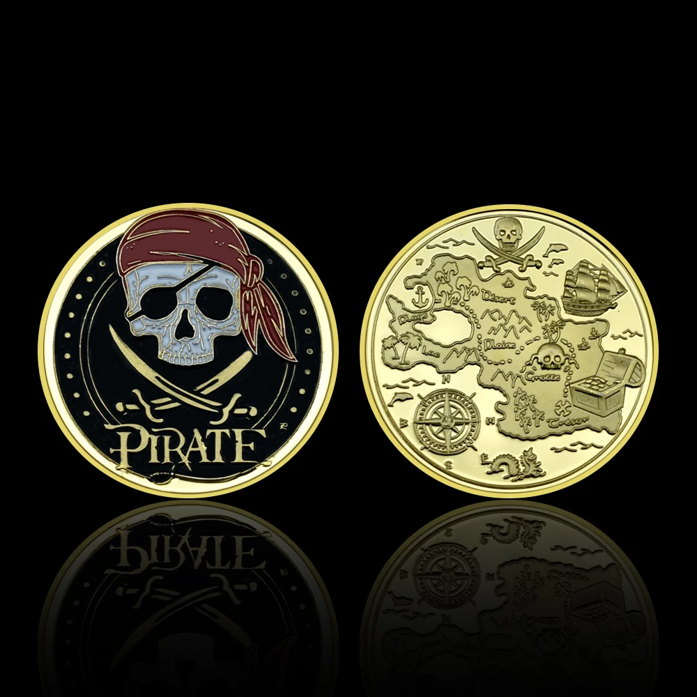 Пиратский корабль Череп Позолоченная Монета Карта сокровищ Монета Пиратский флаг Памятный вызов Монета Художественное Украшение Сувенир