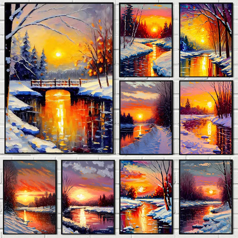 Плакат с пейзажем зимней реки и заката, холст, настенная живопись для декора дома и кухни, принты с картинками для гостиной, спальни