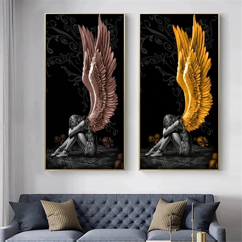 Плакаты с крыльями сказочных персонажей и принты, роспись дьявола и Ангела на холсте, рисунок, роспись домашнего декора, плакат для гостиной