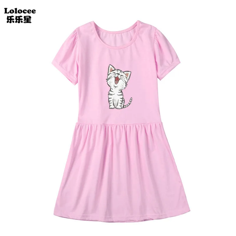 Платье для маленьких девочек 2023 года, новое элегантное розовое платье для девочек, детские хлопчатобумажные платья с короткими рукавами с милыми кошачьими принтами