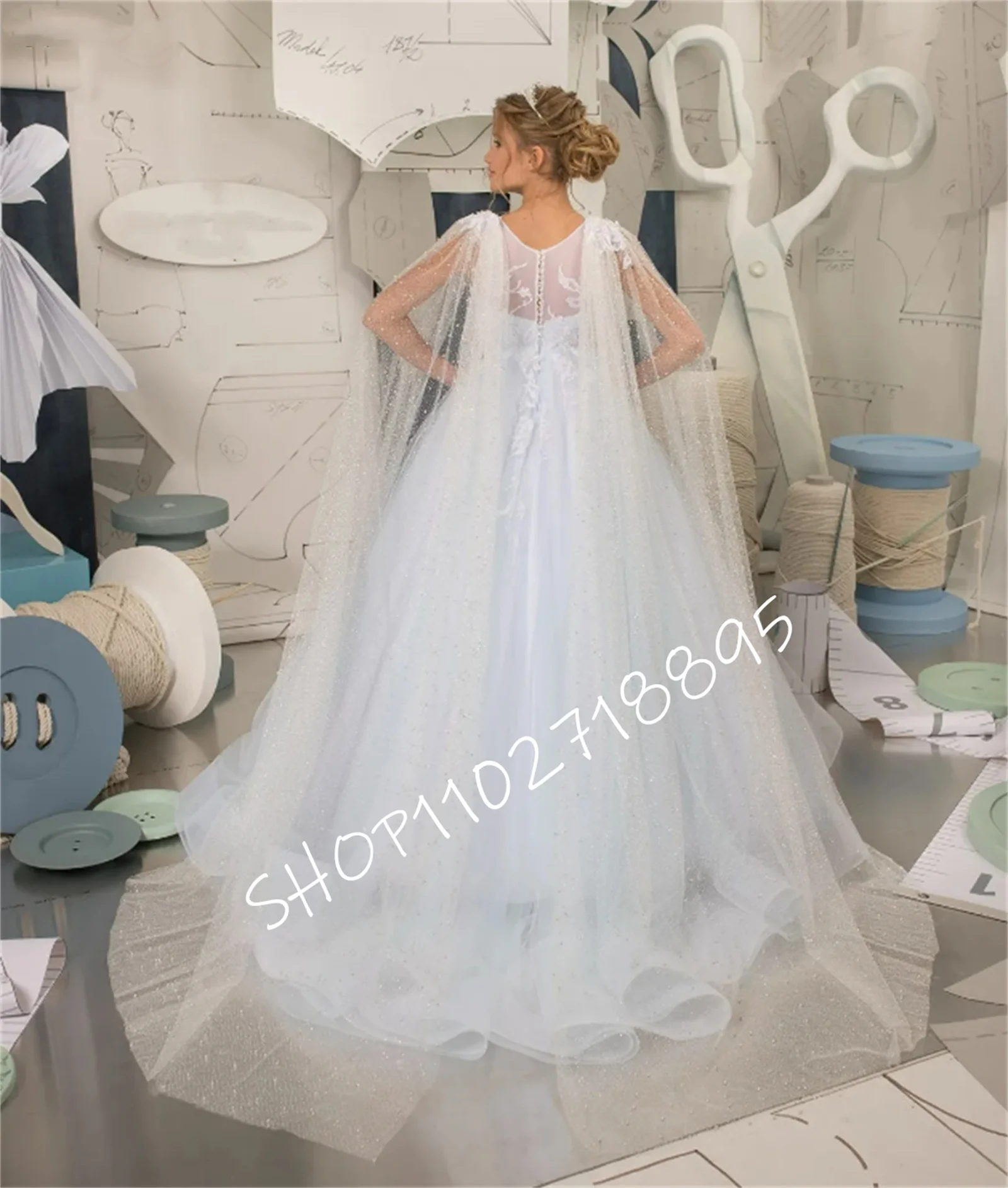 Платье с цветочным узором для девочки, Белое пышное Свадебное платье с аппликацией из тюля и кисточек, платье в цветочек для первого Евхаристического дня рождения ребенка