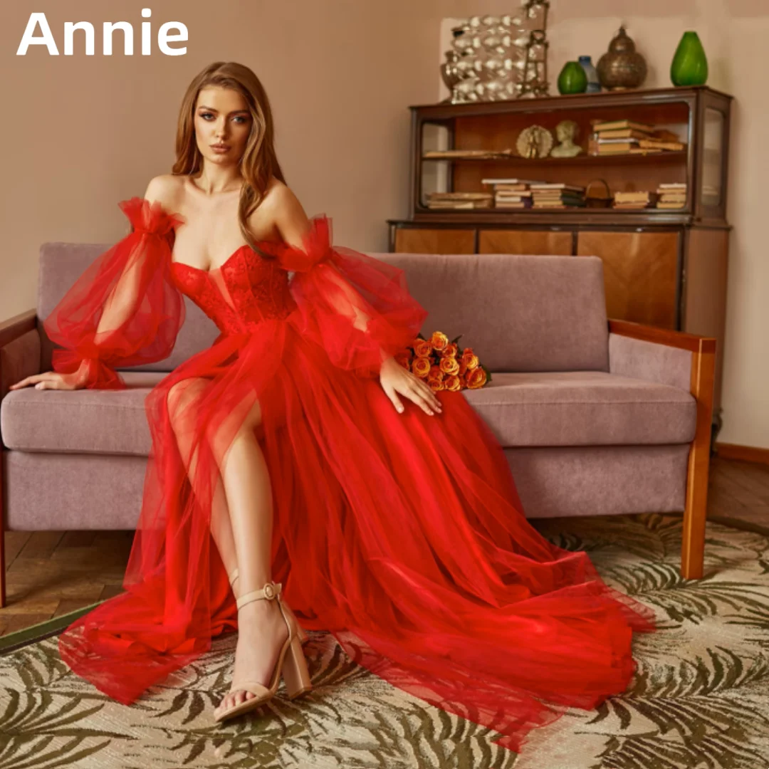 Платья для выпускного вечера Annie Red, свадебное платье с кружевными пышными рукавами, вечернее платье 2024, милое платье для официальных мероприятий трапециевидной формы
