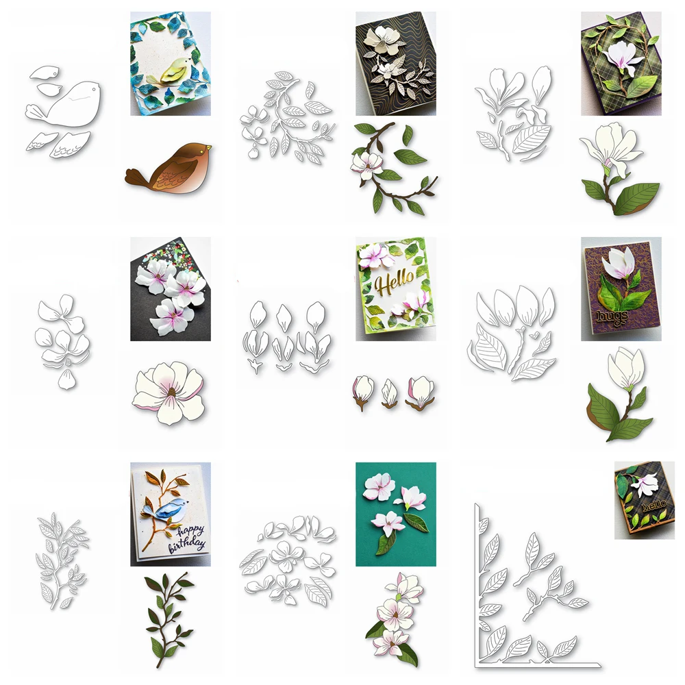 Плашки для резки металла в виде цветка магнолии, крапивника, ярких листьев, Угловая форма для вырезания бумажных карточек для скрапбукинга 
