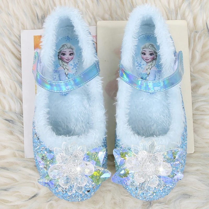 Плюшевые тапочки для девочек Disney, замороженные Милые детские хлопчатобумажные тапочки принцессы Эльзы, детские домашние розово-голубые туфли, Размер 23