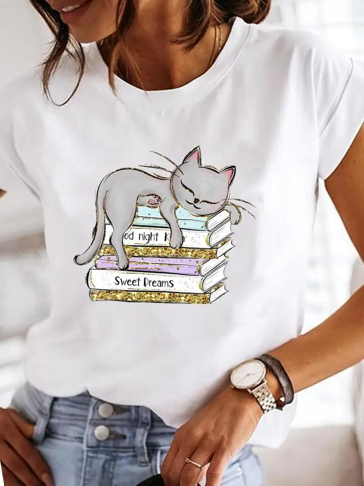 Повседневная женская мода с коротким рукавом, женская футболка с рисунком, женская книжка с котом, прекрасная летняя футболка с принтом в стиле 90-х, футболки