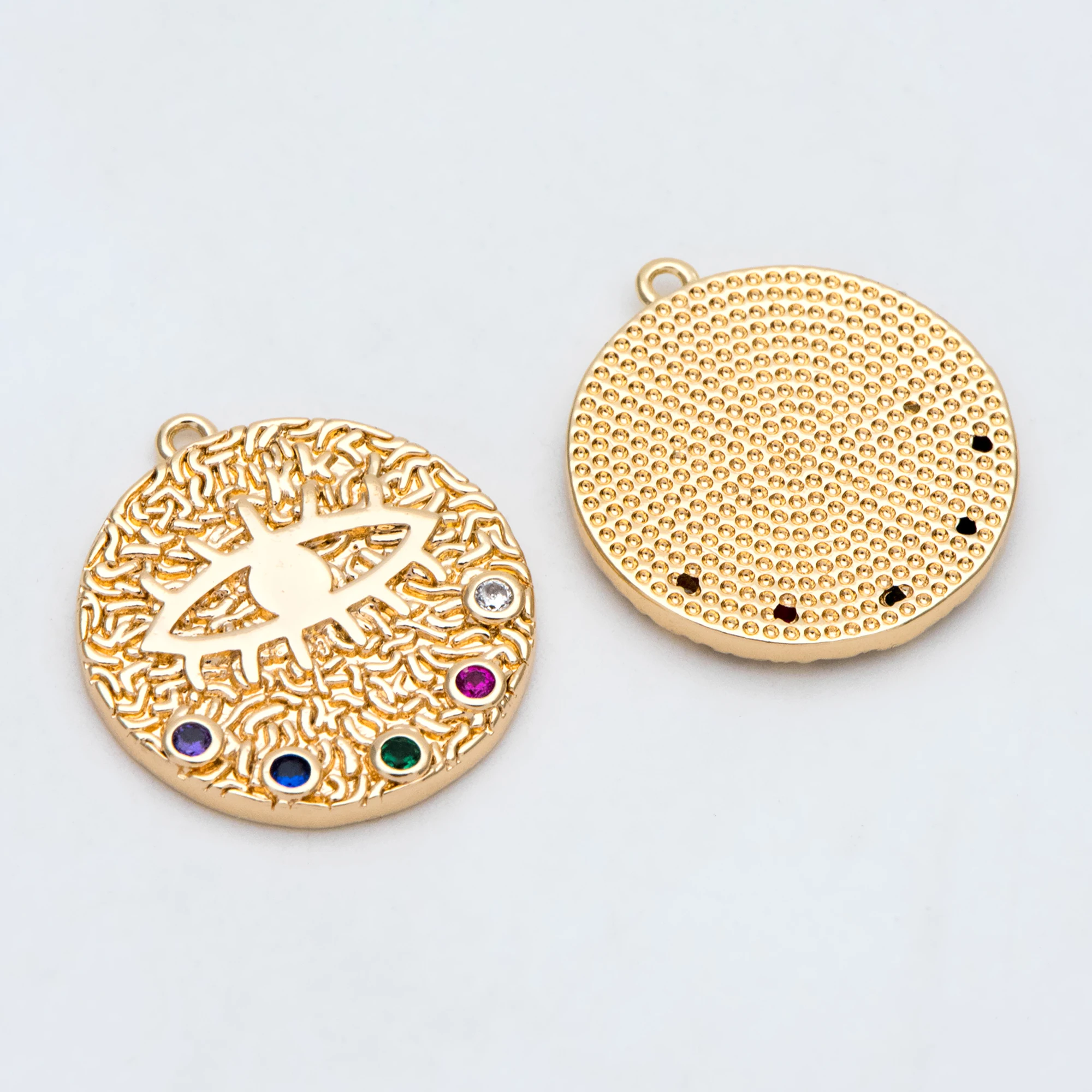 подвеска от сглаза 4шт, красочный Золотой диск с покрытием CZ, медальон с греческим глазом для защиты ювелирного компонента (GB-2937)