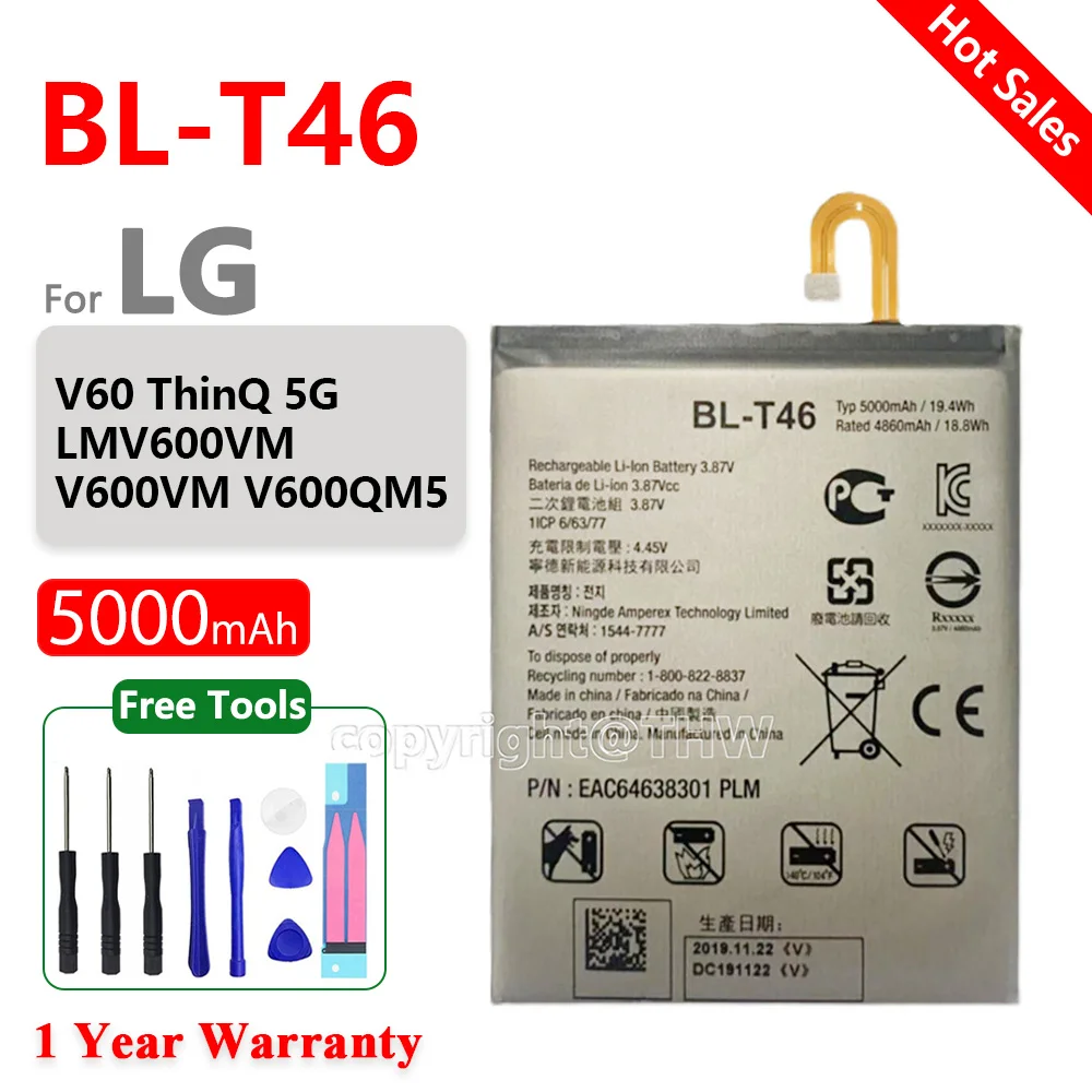 Подлинный 5000 мАч BLT46 BL-T46 Сменный Аккумулятор Для LG V60 ThinQ 5G LMV600VM V600VM V600QM5 Сменные Батареи + Бесплатные Инструменты