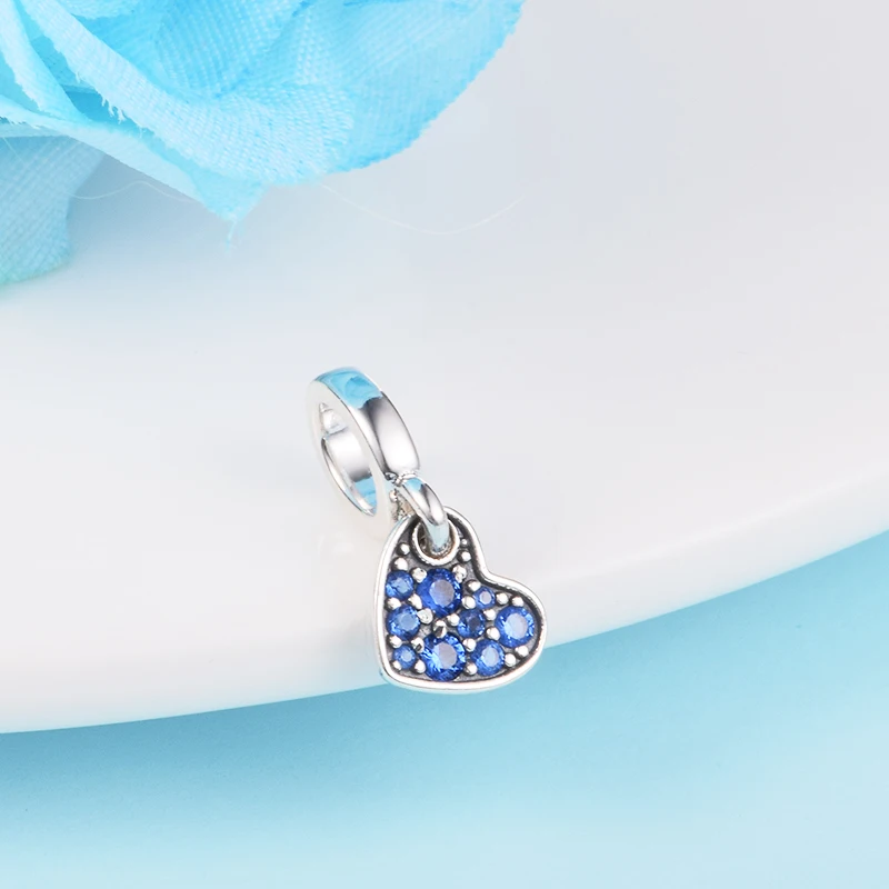 Подходят браслеты Pandora, Звездные Синие подвески с наклоном в виде сердца, оригинальные бусины из стерлингового серебра 925 пробы для изготовления ювелирных изделий DIY для женщин