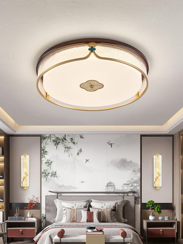 Полностью медный новый китайский потолочный светильник из цельного дерева, круглый светильник в спальне, лампа для кабинета в теплой комнате, простые современные светодиодные лампы