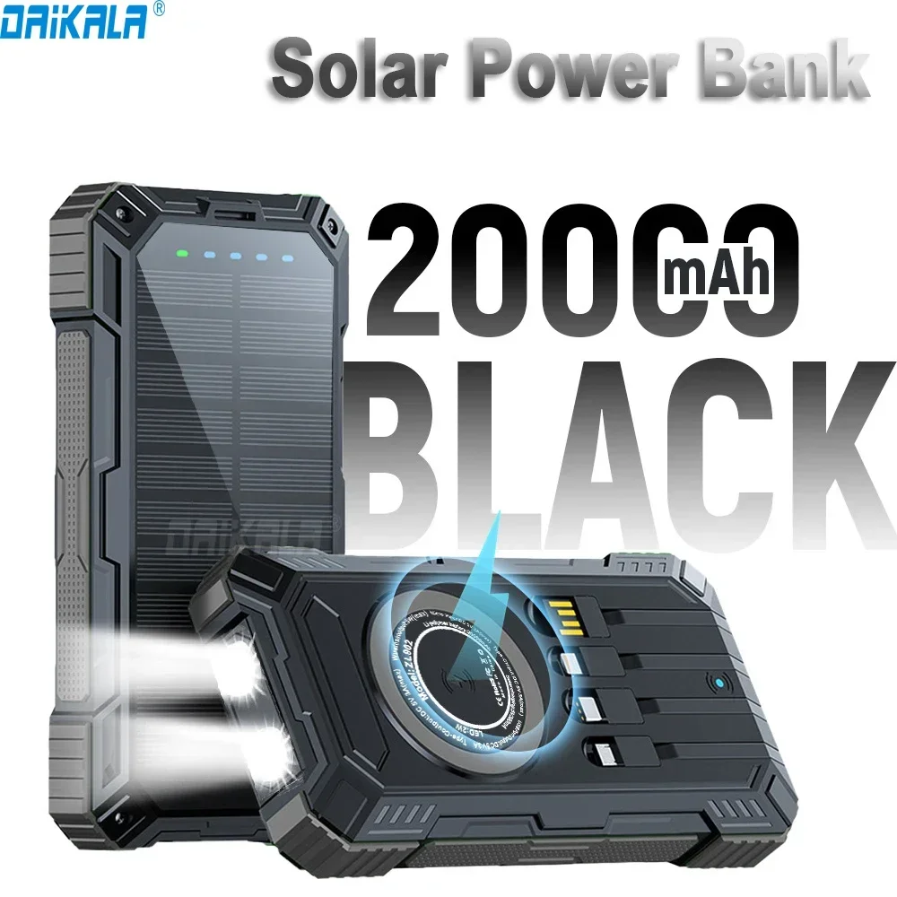 Портативный Банк солнечной энергии емкостью 20000 мАч, заряжающий Повербанк, Три защиты, Внешнее зарядное устройство, Мощная светодиодная Подсветка, Двойное питание от USB.