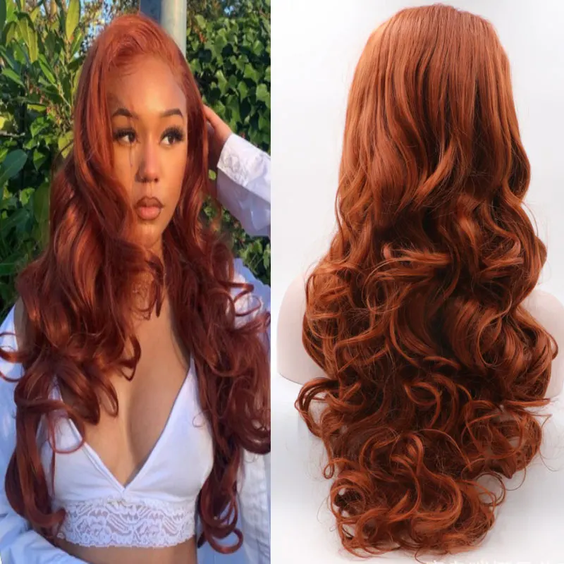 Потрясающий Оранжевый парик с объемной волной, синтетические парики на кружеве 13X4, Бесклеевые волосы из высококачественных термостойких волокон для чернокожих женщин
