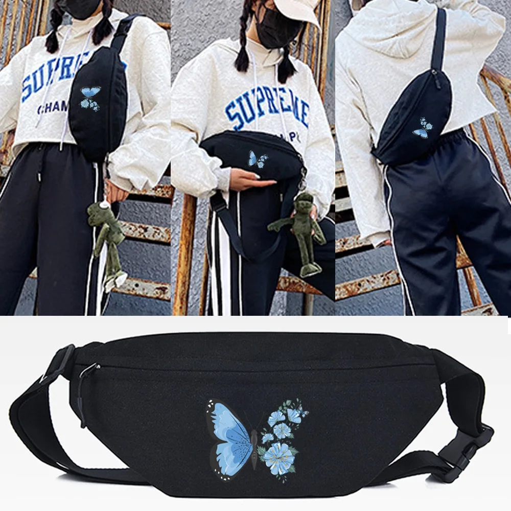 Поясная сумка, портативные нагрудные сумки для фитнеса, сине-черная сумка через плечо с принтом бабочки, женская модная поясная сумка, кошелек для рук, мужская