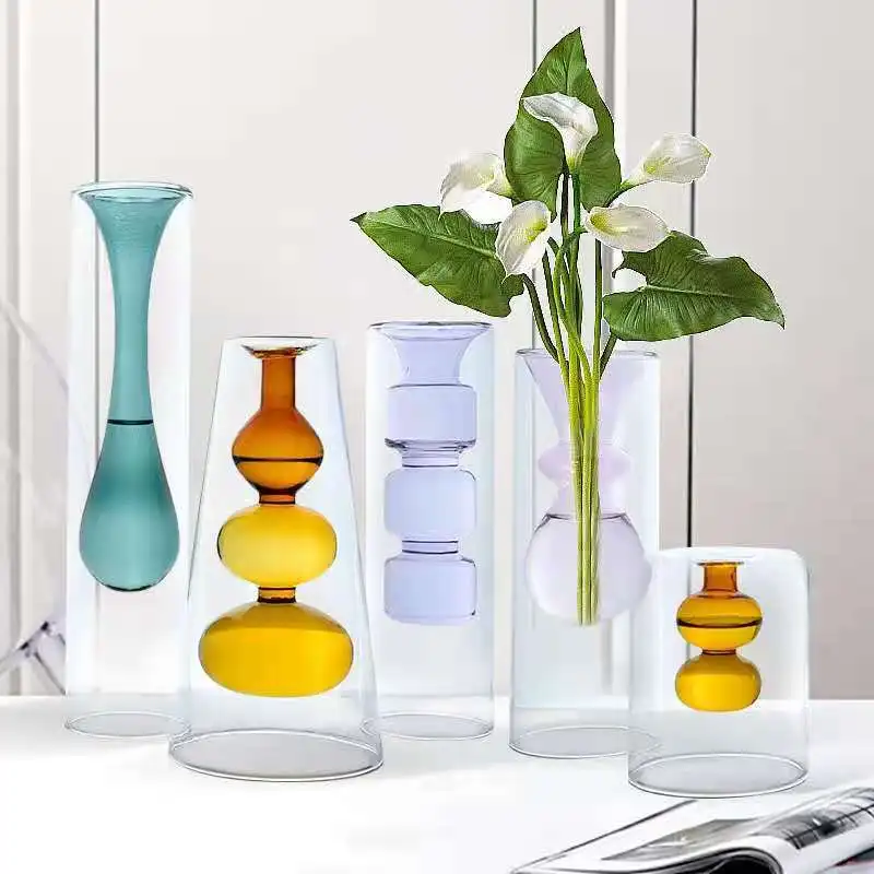 Простая Европейская ваза из цветного стекла, двухслойная, Прозрачная, с индивидуальным декором, Гидропонная