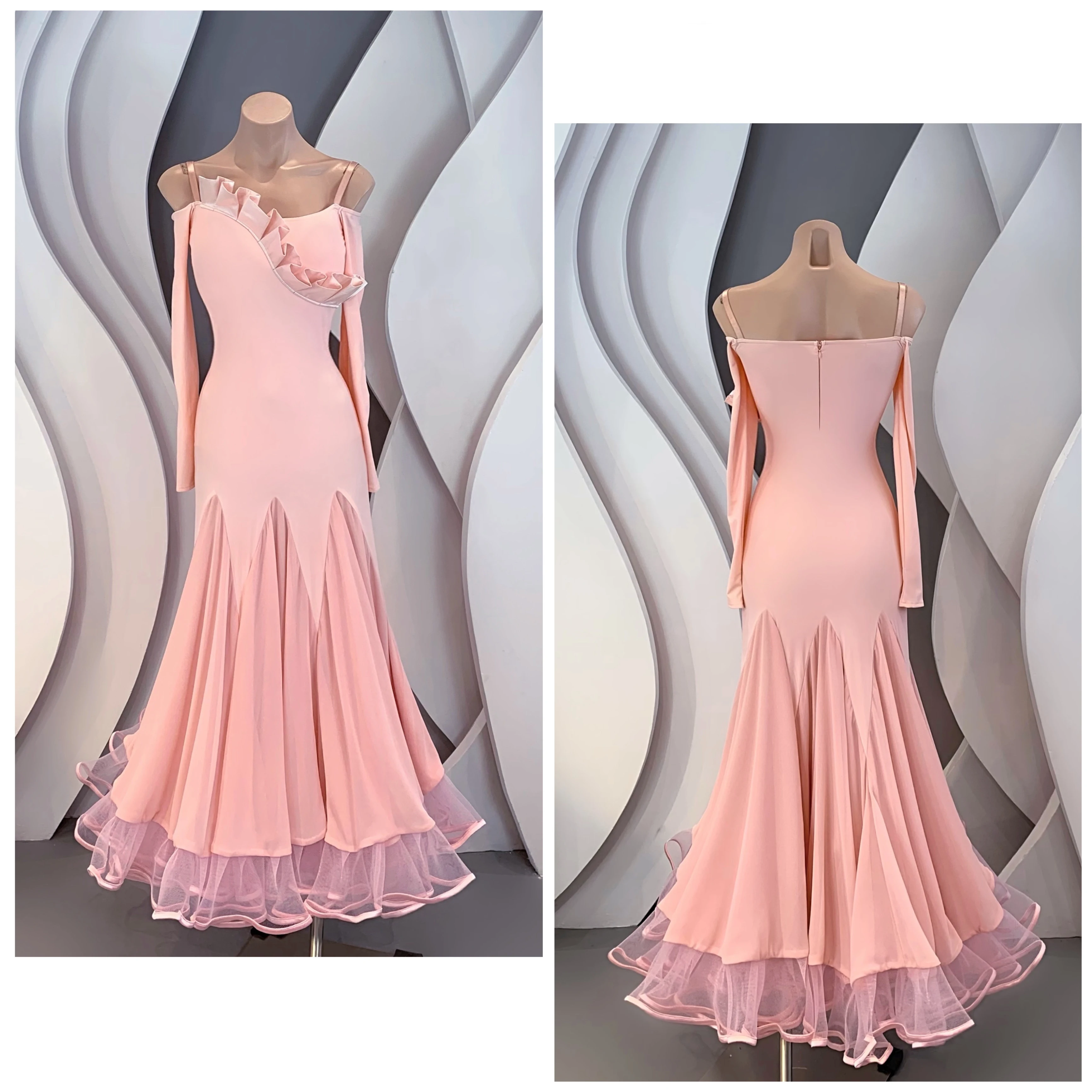 Профессиональное платье для соревнований по бальным танцам, Розовое платье для танцев танго с открытыми плечами, костюм для выступлений в стиле Вальс Dabce YS4805