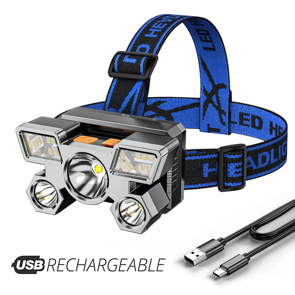 Пятиголовый светодиодный USB-перезаряжаемый налобный фонарь, супер яркий портативный налобный фонарь, рабочий свет, Налобный фонарь для рыбалки и кемпинга