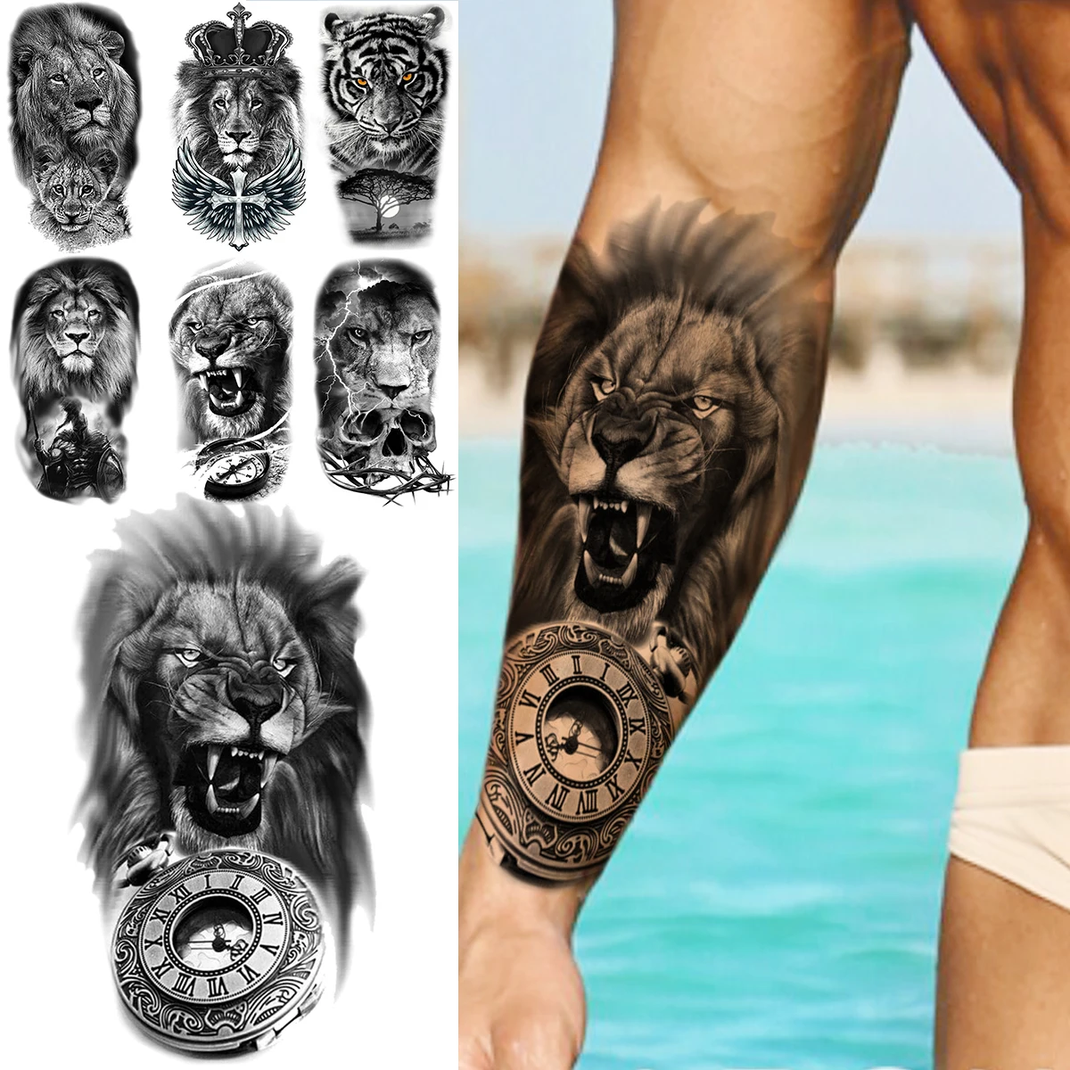 Реалистичные Временные татуировки Розы и Тигра Для женщин, Череп Льва, Компас, Крест, Поддельная татуировка, Сексуальные татуировки на предплечье, которые можно стирать