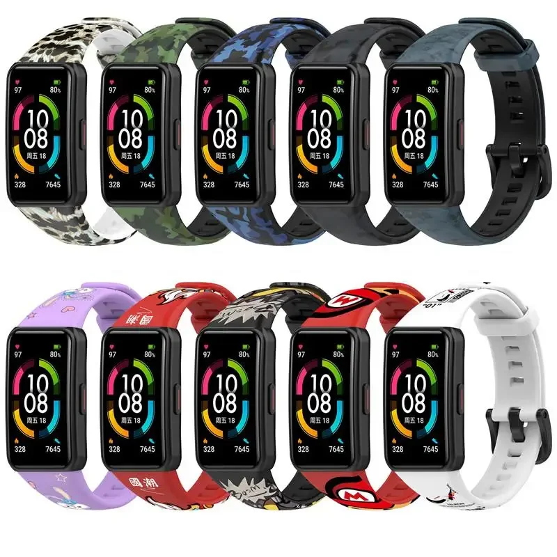 Ремешки Для Huawei Band 7 6 6 Pro Smart Wristband Сменный Печатный Силиконовый Ремешок Для Часов Honor Band 6 7 Correa