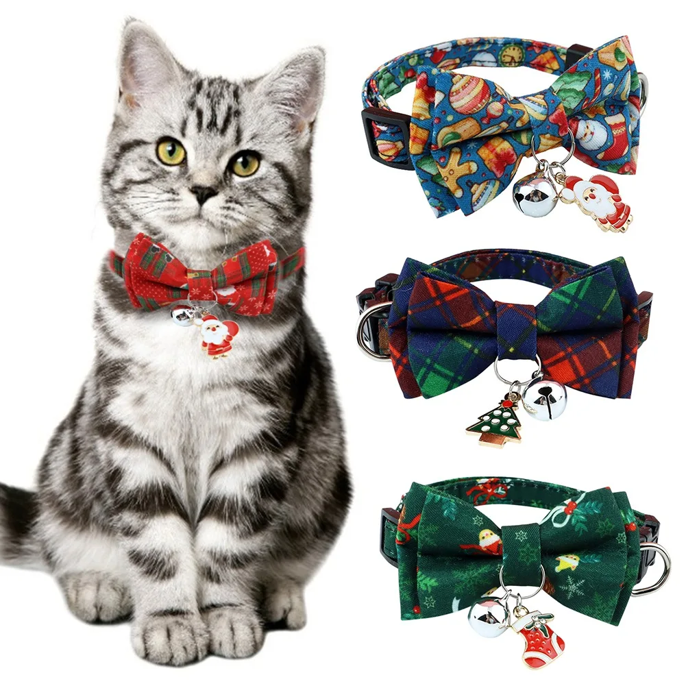 Рождественский ошейник для кошек Breakaway с галстуком-бабочкой, 1 упаковка, нейлоновые регулируемые ошейники для котенка, праздничный наряд, ожерелье для переодевания