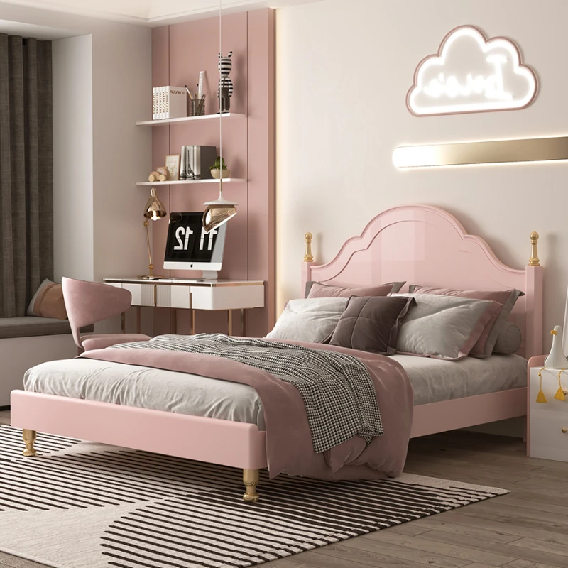 Розовая кровать принцессы, односпальная кровать для девочки из массива дерева, скандинавская современная светлая роскошная мебель для детской комнаты, простая детская кровать для спальни