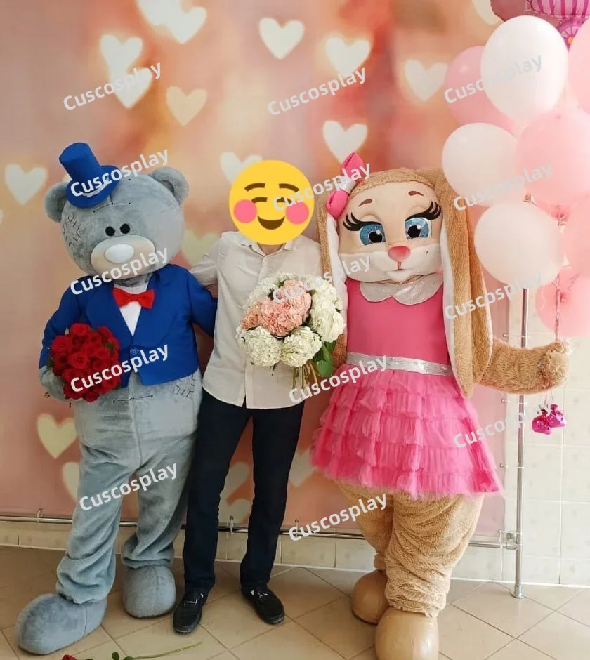 Розовое платье с волосатым Медведем и зайцем, Костюмы талисманов Пасхального Кролика, праздничные костюмы с мультяшным кроликом взрослого размера
