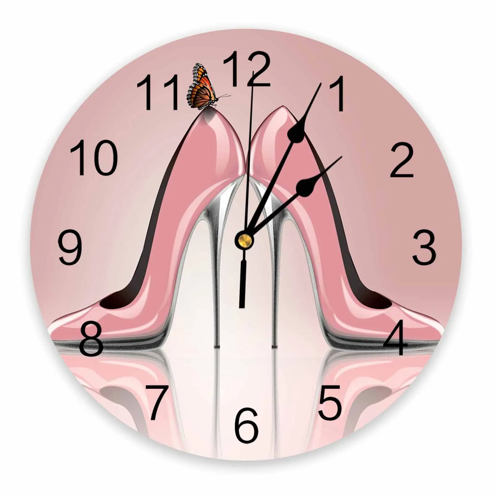 Розовые женские круглые настенные часы с бабочкой на высоком каблуке, индивидуальный дизайн, Не Тикающие, Бесшумные Спальни, Большие настенные часы