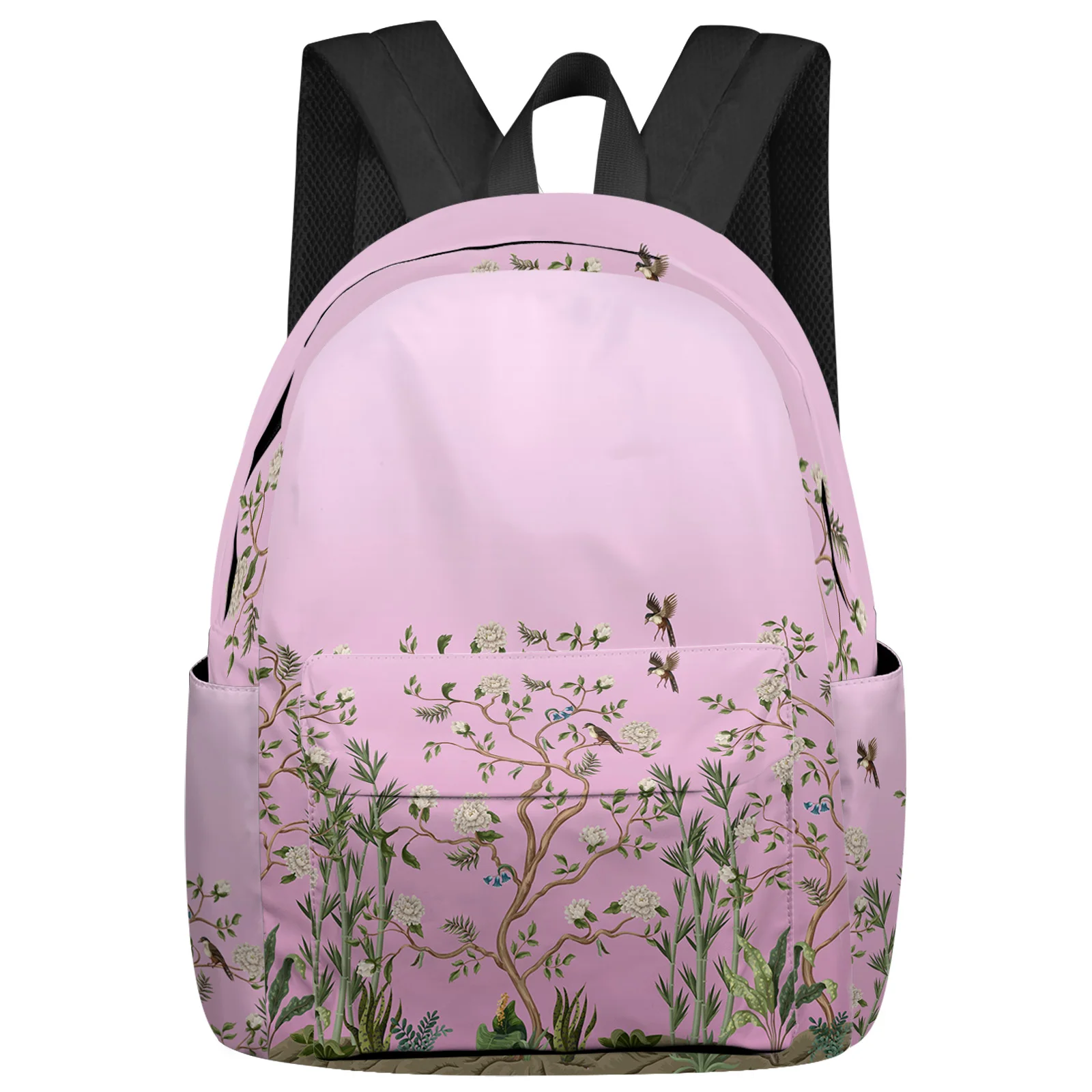 Розовый Постепенный цветок Растение Птица Студенческие школьные сумки Ноутбук Пользовательский рюкзак для мужчин Женщин Женский дорожный рюкзак Mochila