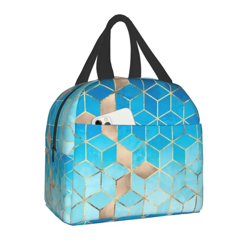 Роскошная изолированная сумка для ланча с геометрическим рисунком в виде абстрактных кубиков для женщин, портативный термоохладитель, коробка для бенто, походные дорожные сумки для кемпинга