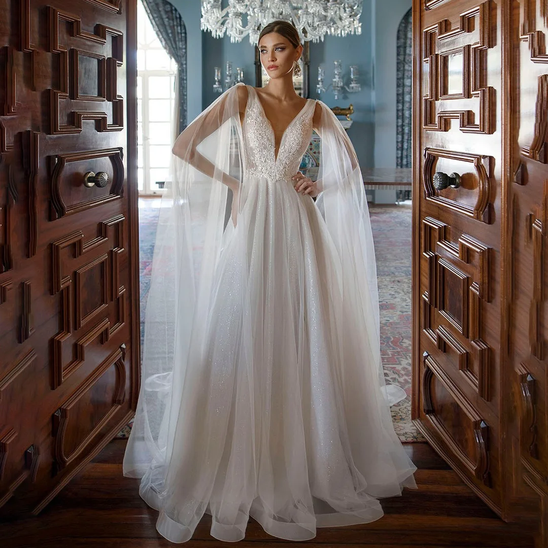 Роскошное свадебное платье POMUSE с V-образным вырезом и аппликацией, Сексуальное свадебное платье невесты в складку трапециевидной формы, сшитое на заказ Vestido De Novia для женщин