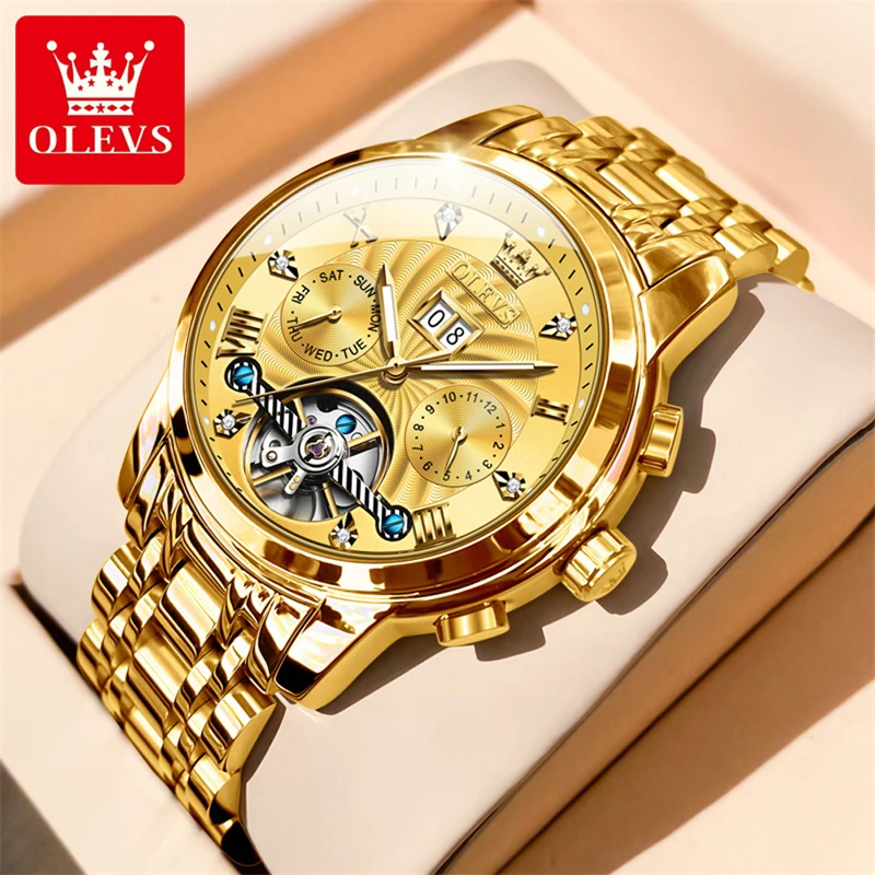 Роскошные мужские механические часы OLEVS с золотым турбийоном из нержавеющей стали, водонепроницаемые Деловые мужские часы со светящейся датой