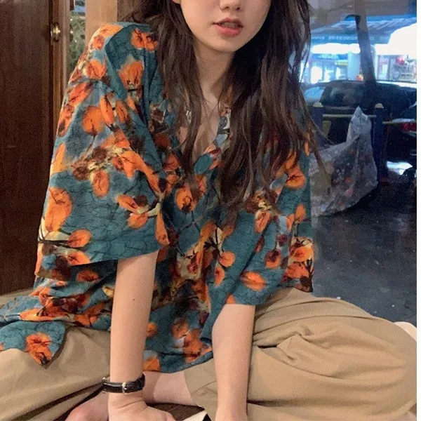 Рубашка с короткими рукавами в корейском стиле с цветочным рисунком женская новинка в японском стиле в стиле ретро свободная и универсальная женская одежда y2k
