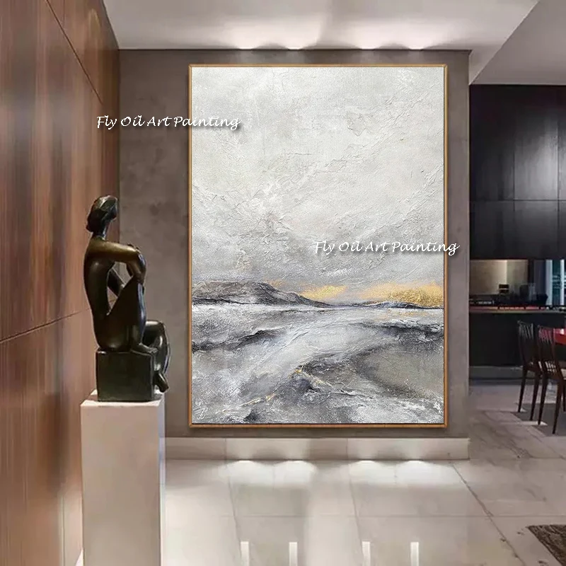 Ручная роспись абстрактного искусства маслом, настенные холсты, картины, Серый коридор, Серая картина с видом на горы для декора домашнего офиса