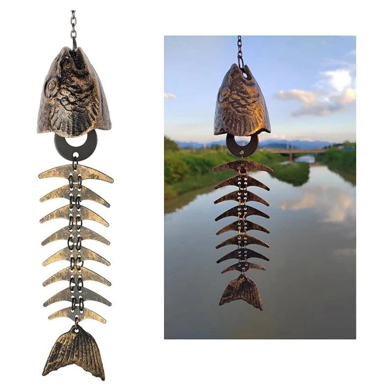 Рыбный колокольчик, Рыбий скелет, Чугунные колокольчики из рыбьей кости, Старинные металлические колокольчики, успокаивающие на открытом воздухе, долговечные
