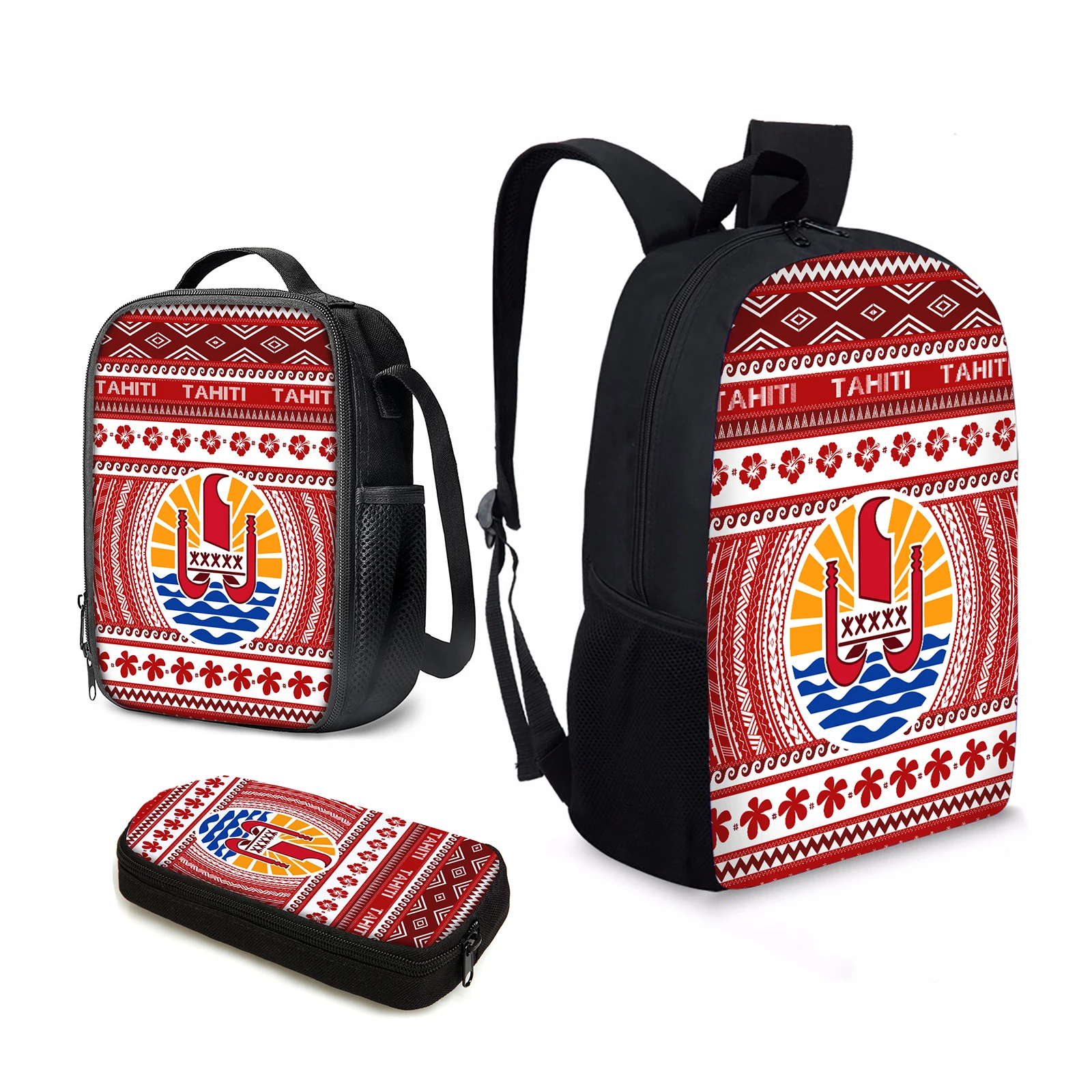 Рюкзак с дизайном флага Французской Полинезии YIKELUO для подростков, утепленная сумка для ланча с принтом гибискуса, модный пенал с принтом флага