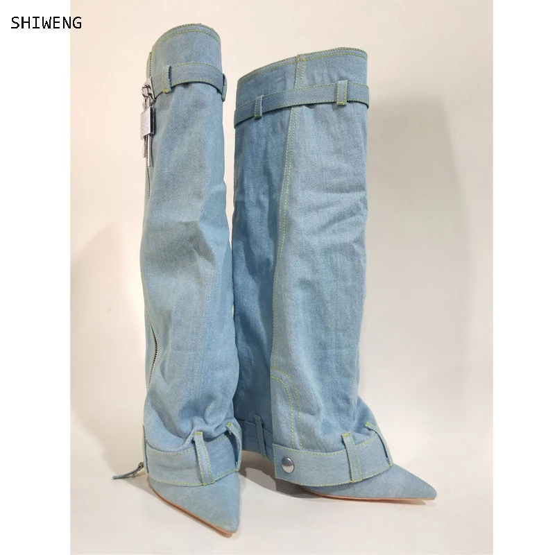 Сапоги до колена в джинсовом стиле, синие джинсовые модные ботинки, туфли на тонком каблуке с острым носком, ботинки нового дизайна для женской обуви
