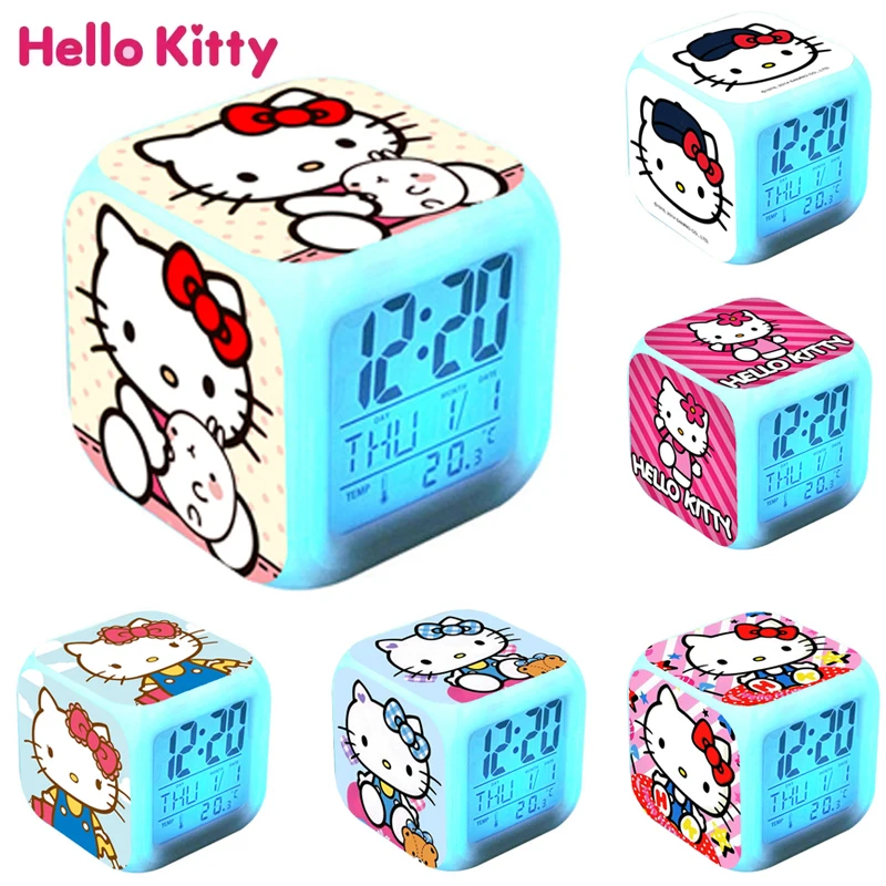 Светодиодный будильник Hello Kitty, Аниме, красочные часы с изменением цвета, Календарь, Температура, Настольные Цифровые часы, украшение стола, подарок