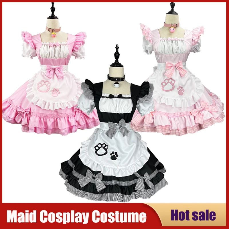 Сексуальные костюмы для косплея горничной, Аниме, Милая юбка для девочек-кошек, Черное Белое Розовое милое платье в стиле Лолиты, фартук для карнавальной вечеринки, Наряды официантки
