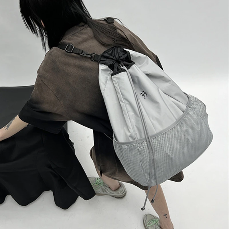 Серый нейлоновый легкий сетчатый рюкзак большой емкости, женский карманный школьный ранец на шнурке, оригинальная женская сумка, нишевая трендовая сетка
