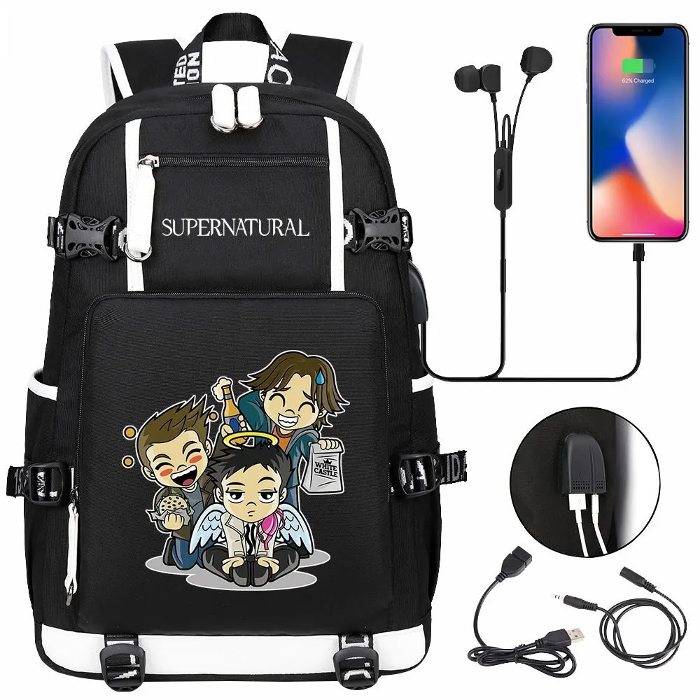 Симпатичный сверхъестественный SPN USB-рюкзак для зарядки, сумки для ноутбука, школьная дорожная книга, повседневные сумки, студенческий ноутбук, подарок для девочек, рюкзак