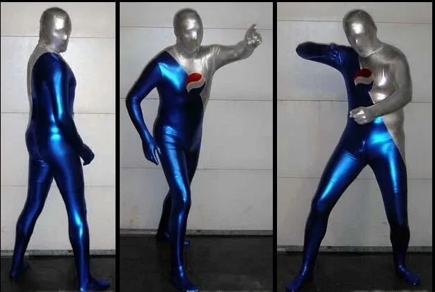 Синий и серебристый блестящий металлический костюм супергероя Пепсимена, косплей, Зентай, полное боди, костюм для вечеринки на Хэллоуин