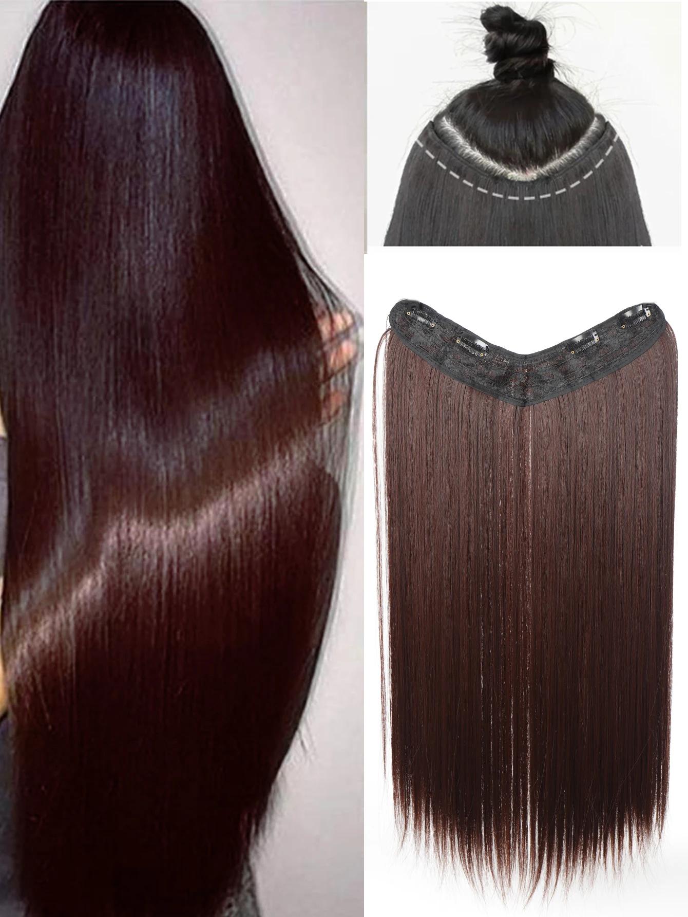 Синтетический длинный прямой V-образный парик для наращивания волос 24 ДЮЙМА натуральный черный коричневый 4 зажима в одном куске