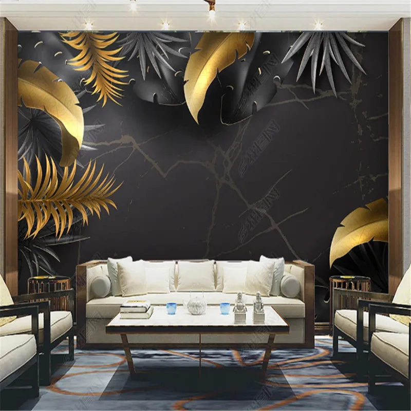 Скандинавские тропические черные обои для гостиной, золотые листья, Благородный черный фон для телевизора и дивана, обои для домашнего декора, фреска 3D